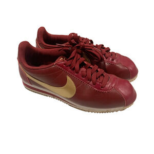 Nike Women's Classic Cortez Sneakers Size 9.5 US Burgundy Gold Leather 807471